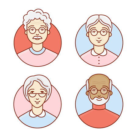The set of elderly people. Portrait of a pensioners. Avatar of the grandfathers and grandmothers. Vector linear illustration.のイラスト素材