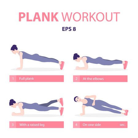 Set of young woman planking in various poses: elbow plank, side plank, with a raised leg, full plank. Vector illustration in a flat styleのイラスト素材