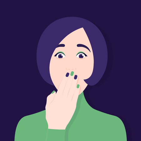 The woman covered her mouth with her hand. Silence. Censorship. Secrets and conspiracies. Vector Flat Illustrationのイラスト素材