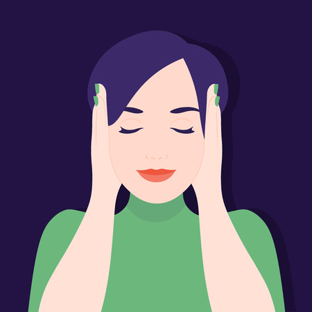 The girl covered her ears with her hands. Ignoring stress and noise. Vector Flat Illustrationのイラスト素材