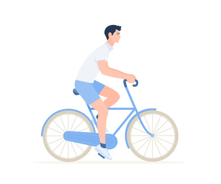 The guy is riding a bicycle, rest and vacation. Healthy lifestyle vector flat illustration.のイラスト素材