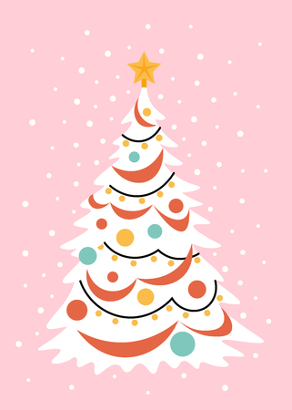 Christmas fir on a pink background. Festive tree decorated with garlands, balls and ribbons New Year's card. Vector flat illustrationのイラスト素材