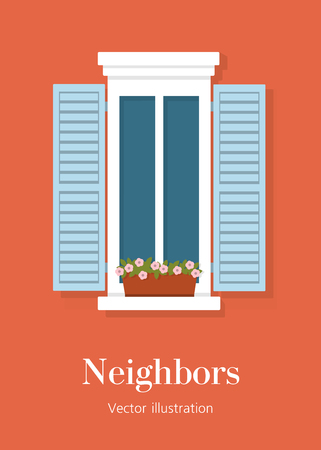 Window with shutters and plants in the Italian style. The facade of the building outside. Details of a European home. Vector flat illustrationのイラスト素材