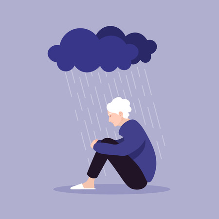 Profile of an old woman. A pensioner sits clasping her legs. Depression and melancholy. Vector flat illustrationのイラスト素材