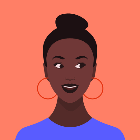 Portrait of a curious girl. Avatar of an African young woman. Emotional face. Vector flat illustrationのイラスト素材
