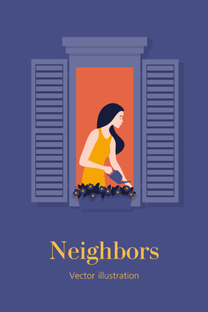 Watering the flowers Neighborhood. Warm summer evening. Postcard. European architecture. Vector flat illustrationのイラスト素材