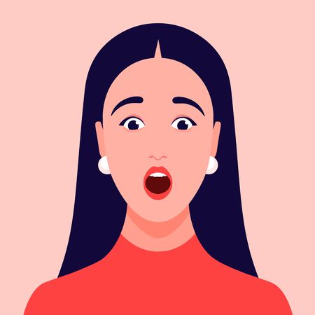 Surprised face. Portrait of a girl. Amazement Avatar of a young woman. Vector flat illustrationのイラスト素材