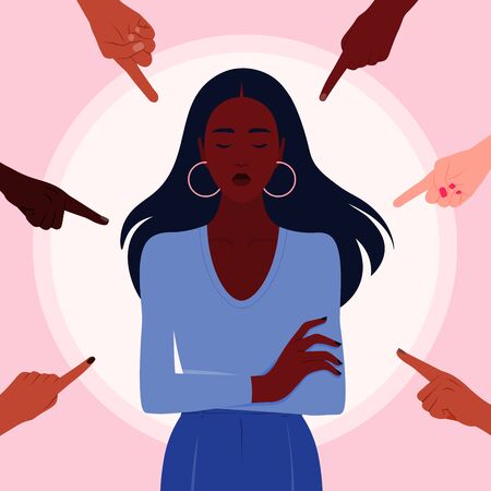 Shame. Hands of people of different nations point to the girl. Portrait of an African woman. Alien opinion and the pressure of society. Vector flat illustrationのイラスト素材