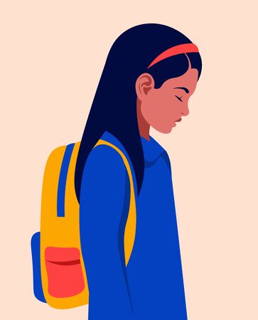 Profile of a sad schoolgirl with a backpack. Tired child after lessons. Vector flat illustrationのイラスト素材