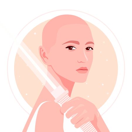 A bald girl holds a sword in her hand. Portrait of a girl with guns on the background of space and starry sky. Fencing. Vector flat illustrationのイラスト素材