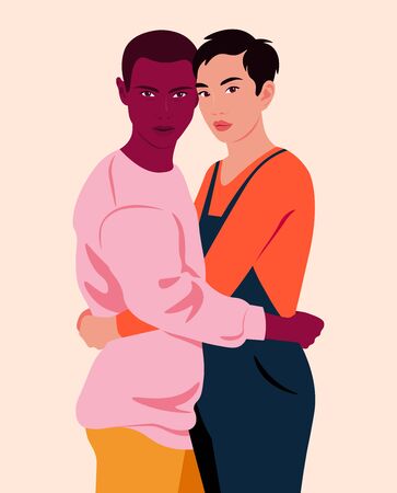 Two young women friends hug each other. Girls Friendship and family. Vector flat illustrationのイラスト素材