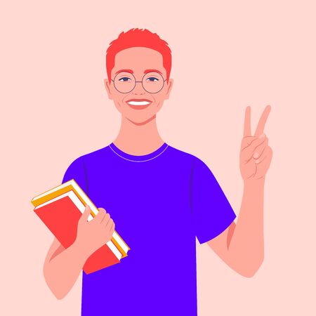 A redheaded guy smiles and shows a victory sign. Happy student with books. Hand gesture. Vector flat illustrationのイラスト素材