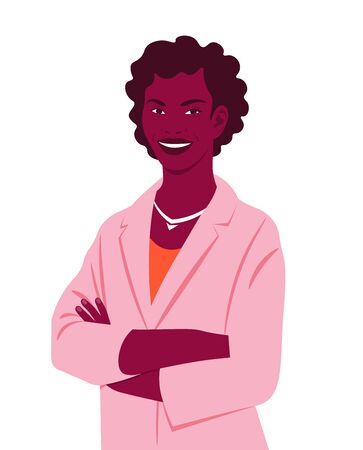 Portrait of a happy african woman with crossed arms and wearing in a business suit. Office professions. Vector flat illustration.のイラスト素材