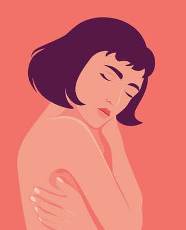Love yourself and care for your body. Asian woman hugs herself. Relaxation Self help. Psychological and physical health. Vector flat illustrationのイラスト素材