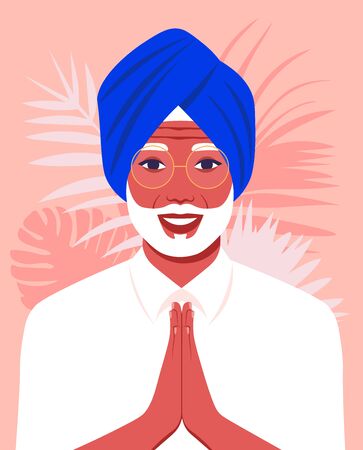 An old man prays to god. Hinduism. Portrait of a happy grandfather in the temple. Religions of the East. Vector flat illustrationのイラスト素材