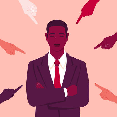 The shame. Hands of different people point to the young African man. Portrait of crying businessman....