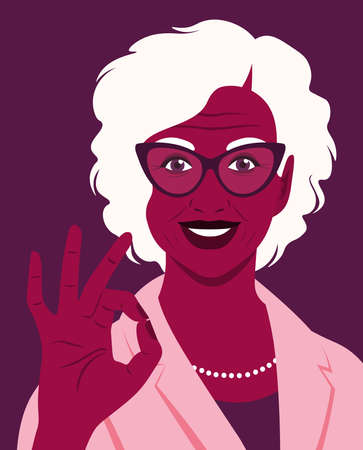Portrait of an elderly African woman makes an okay gesture. A successful employee. Office professions. Vector flat illustration.のイラスト素材
