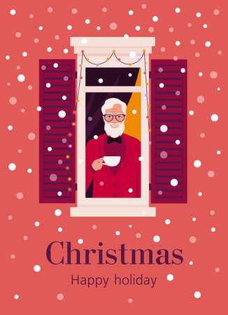 An elderly man from the window looking through at the street. Neighborhood. The grandfather with cup of coffee. Winter snowfall. Christmas postcard. Vector flat illustrationのイラスト素材