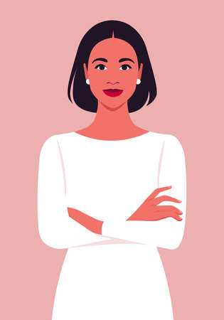 Portrait of a Hispanic woman with crossed arms. Office professions. Vector flat illustrationのイラスト素材