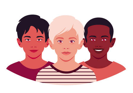 Set of faces of boys. The heads of an Asian, African and Caucasian children. Avatars of schoolboys. Vector flat illustrationのイラスト素材