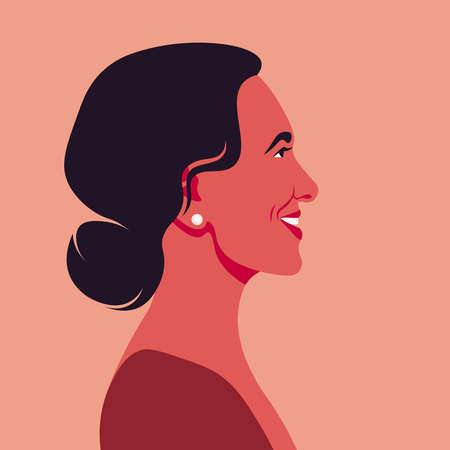 Profile of a middle-aged Latin American woman. A happy person. Side view. Avatar for social network. Vector flat illustrationのイラスト素材