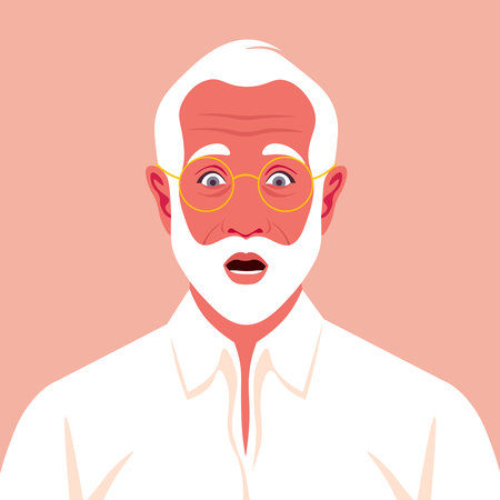 An elderly businessman feels stress. Fear, horror. A frightened man's face with white beard. Vector flat illustrationのイラスト素材