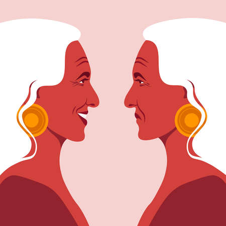 Bipolar disorder. Portrait of an elderly woman in profile. Depression and Happiness. Two female faces on the side. Vector illustration in flat styleのイラスト素材
