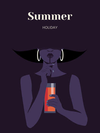 Portrait of an African beautiful woman who drinks orange juice through a straw. Rest at the resort. Vector Flat Illustrationのイラスト素材