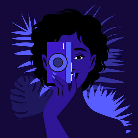 An African woman photographer holds a photo camera and takes a picture. Tourist and blogger in the night forest. Vector flat illustrationのイラスト素材