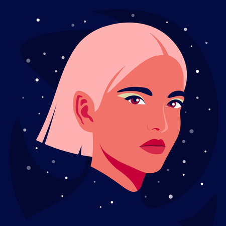 Portrait of a young woman with pink hair on a starry background. The modern witch. Vector flat illustrationのイラスト素材