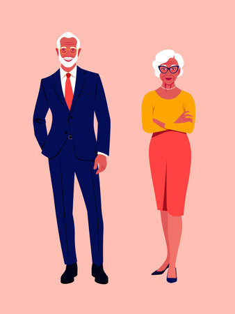 An elderly woman and a man are standing at full height. Stylish grandparents are smiling. Happy old age. Vector flat illustrationのイラスト素材