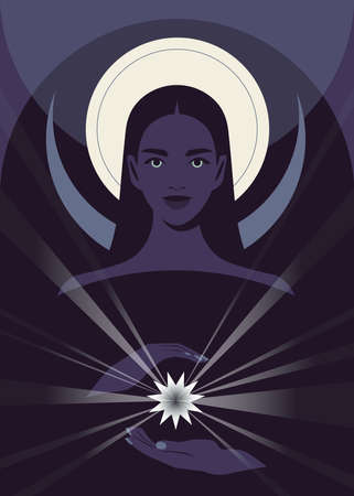 Portrait of a mysterious woman with eyes glowing in the dark. A young witch. Halloween. Vector flat illustrationのイラスト素材