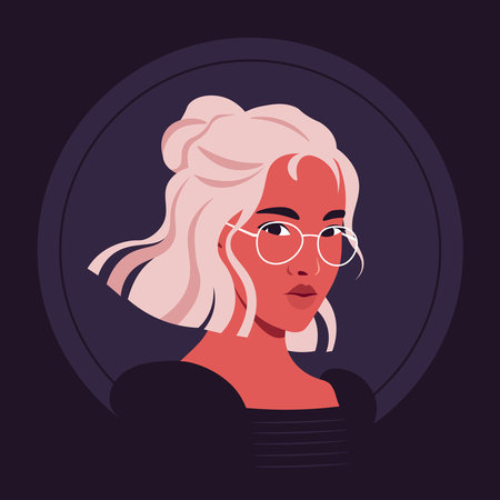 Portrait of a smart Asian woman in half-turn with pink hair and eyeglasses. Avatar for social networks. Vector illustration in flat style.のイラスト素材