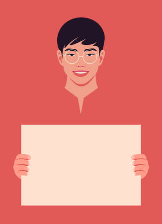 An Asian man is holding a poster in his hands. Portrait of a smiling student on a red background. Diversity. The rights of people. Vector illustration in a flat styleのイラスト素材