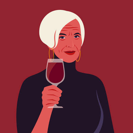 An elderly woman is holding a glass of a red wine. A portrait of the sommelier. Vector flat illustrationのイラスト素材
