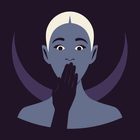 The scared woman covered her mouth her palm. Silence. Secrets and conspiracies. Censorship. Vector flat illustrationのイラスト素材