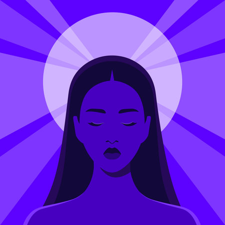 A portrait of a young woman on a neon purple background. Mindfulness and meditation. Flat vector illustrationのイラスト素材