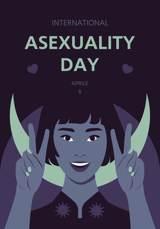 A young Asian woman is smiling and showing a victory sign. International Asexuality Day. Happy asexual people. Poster. Vector flat illustrationのイラスト素材