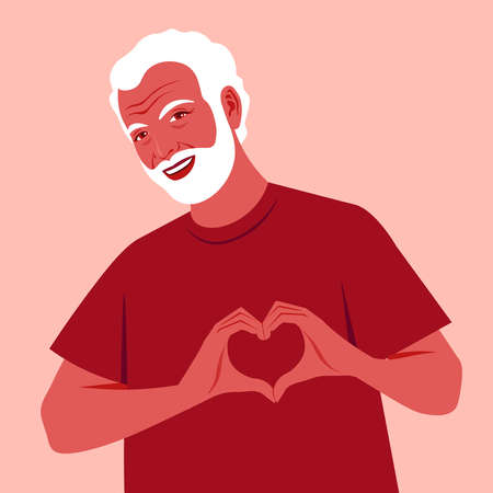 Happy elderly man making a heart with his hands. Love gesture. Portrait of a loving grandfather. Valentine's day postcard. Vector flat illustration.のイラスト素材