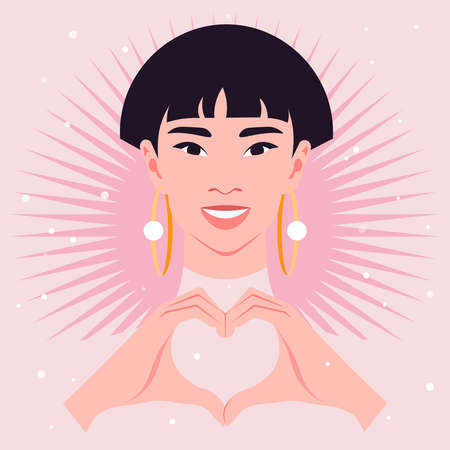 Happy Asian woman making a heart with her hands. Portrait of a young oriental fashion model. Love gesture. Avatar of a smiling teenager Vector flat illustrationのイラスト素材
