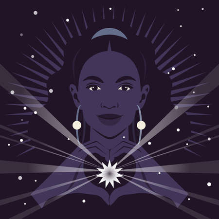 Happy African woman making a heart sign with her hands. Love gesture. Portrait of a loving teenager. Valentine's day postcard. Vector flat illustrationのイラスト素材