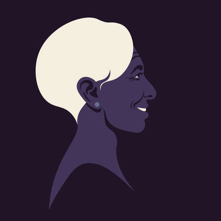 The head of an elderly African woman with a white hair in profile. Happy grandmother's face. Avatar for social media. vector flat illustrationのイラスト素材