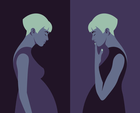 Profile of an unhappy pregnant woman on a dark background. Loneliness and depression. Gynaecology and surrogacy. vector flat illustrationのイラスト素材