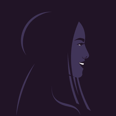 The head of an Asian woman in profile. The happy face of a teenager. Avatar for social media. vector flat illustrationのイラスト素材