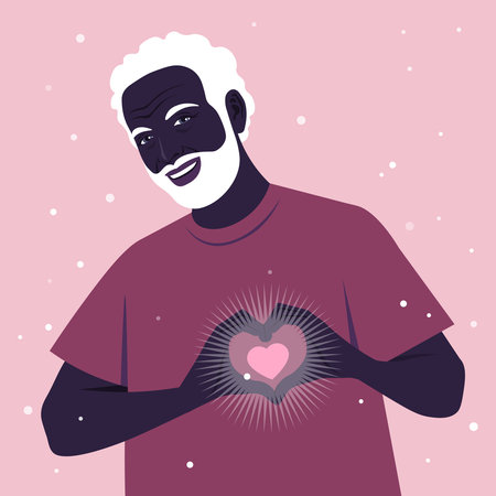 African elderly man making a heart sign with his hands. love gesture. Portrait of a loving grandfather. Valentine's day postcard. Vector flat illustration.のイラスト素材
