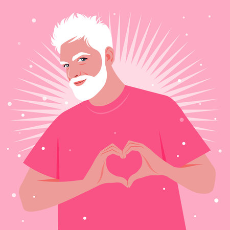 Happy elderly man is making a heart sign with his hands. Love gesture. Portrait of a loving husband. Valentines day postcard. Vector flat illustrationのイラスト素材