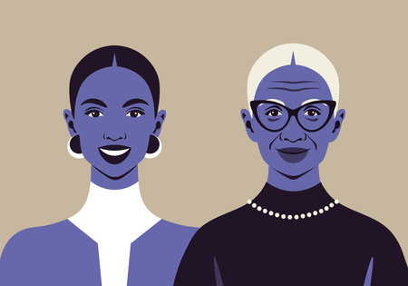 Faces of young and old African women. Aging process. Grandmother and granddaughter. Vector flat illustrationのイラスト素材