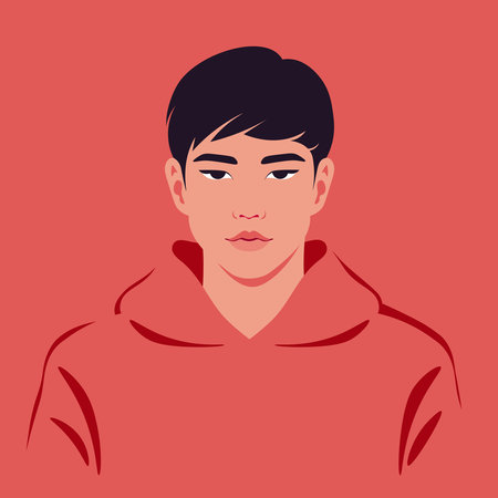A face of a young Asian man. Portrait of a teenager. Melancholy and depression. Vector flat illustrationのイラスト素材