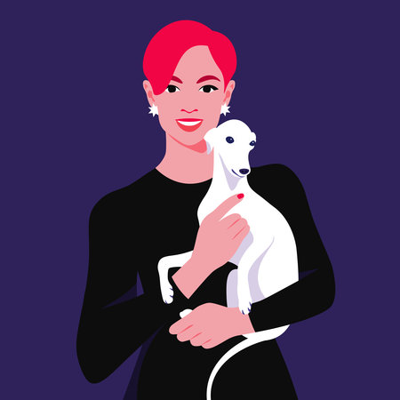 A redhead woman holding a puppy. Pet adoption and fostering. Veterinary Vector illustration in flat styleのイラスト素材
