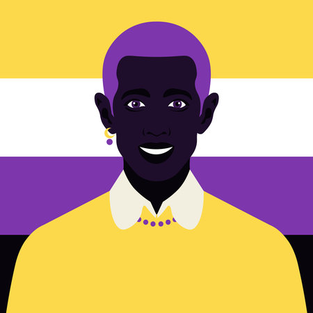 A portrait of an African nonbinary person. LGBTQIA. A pride flag. Vector flat illustrationのイラスト素材